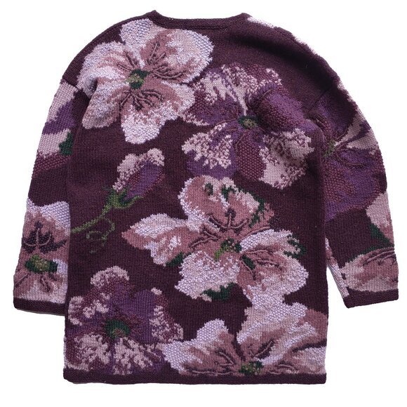 Laura Ashley 90s Style Sweater Wool Intarsia Royal Purple Floral Oversize Top - Picture 2 of 6